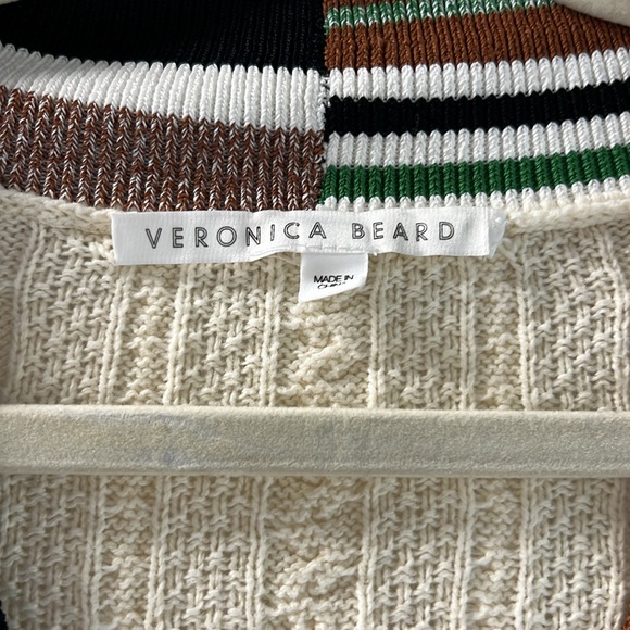 Veronica Beard Cream V-Neck Sweater with Striped Trim - Picture 3 of 4